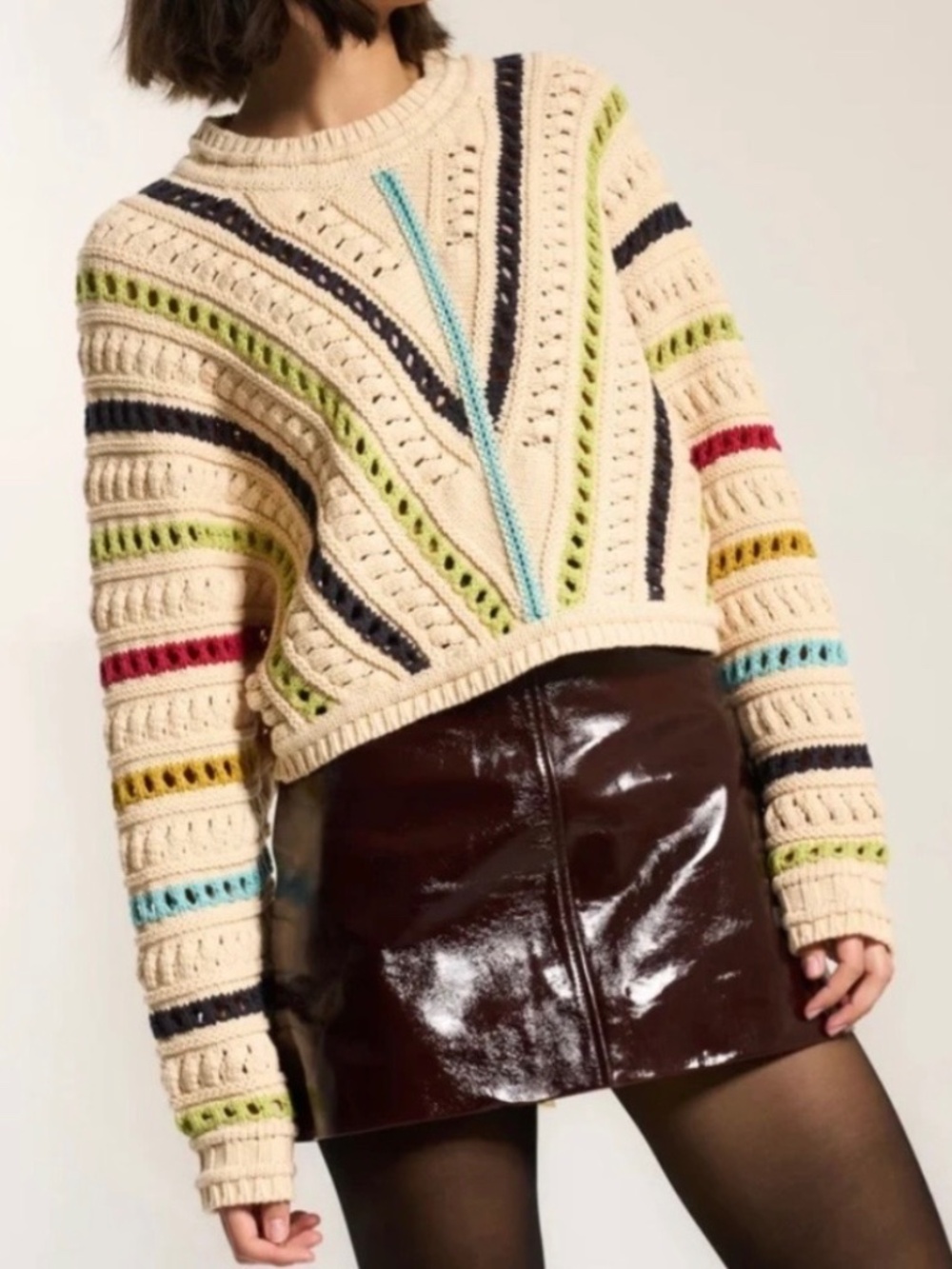 Callahan Knitwear Crochet Sweater Dolman Sleeves Striped Multi Beige SZ XL